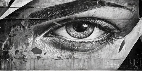 A black and white photo of an eye painted on a wall