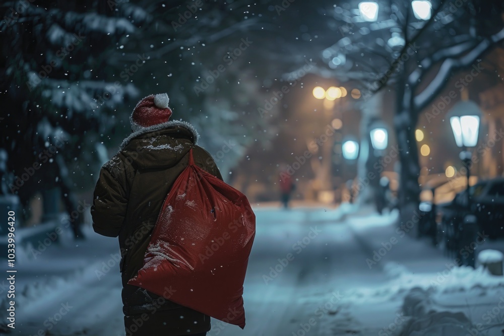 Canvas Prints A person walks down a snowy street with a red bag, great for winter scenes or cold weather concepts