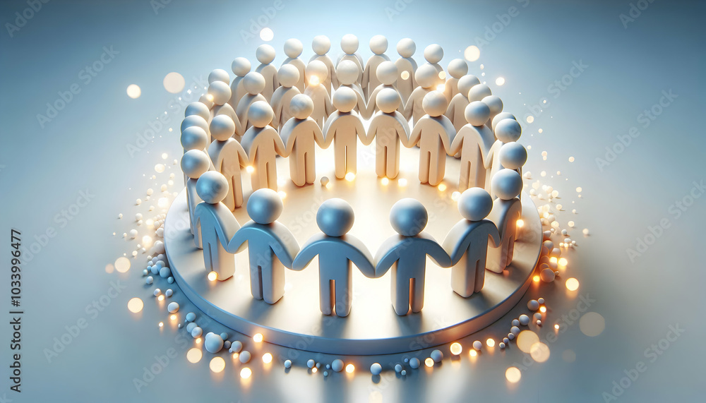 Aufkleber 3d bokeh community figures holding hands - soft abstract icons in circle with bokeh light effects re