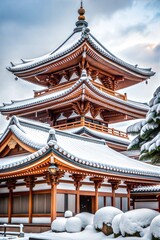 Fototapeta premium Snowy traditional Japanese temple architecture with intricate pagoda and serene winter setting, nice place to visit during Toji holiday