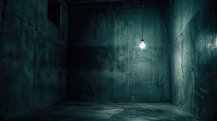 Obraz premium Dark empty room with single flickering light bulb casting long shadows, emphasizing absence of power and eerie atmosphere, minimalist setting with focus on light bulb's glow.