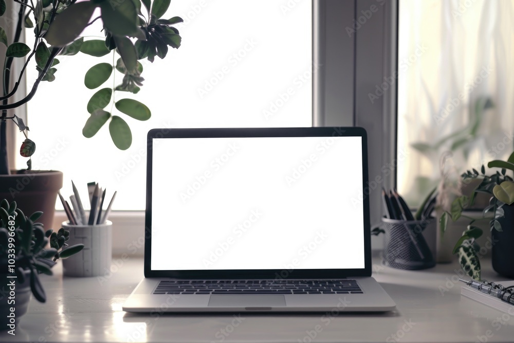 Aufkleber a close-up view of a laptop computer placed on a clean white desk