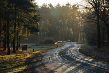 Fototapeta premium Empty race track and green woods nature landscape at sunset