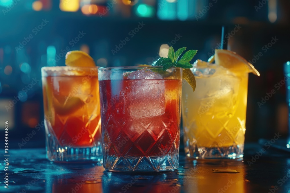 Poster three different types of cocktails on a bar