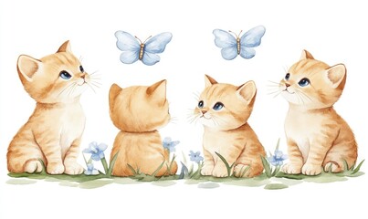 Playful Kittens and Gentle Butterflies in Watercolor