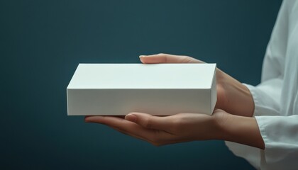 Elegant minimalist presentation of a white box held in hands on a soft background perfect for gift packaging or branding concepts