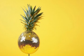 A bright and colorful scene featuring a pineapple perched atop a shiny disco ball