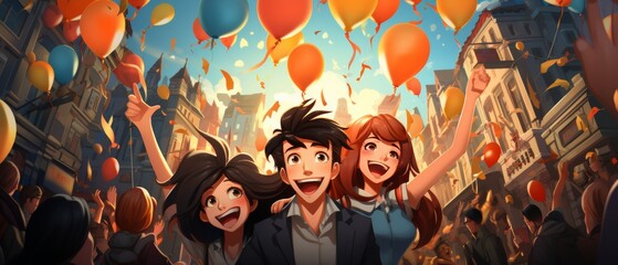 Fototapeta premium Joyful Celebration on New Year's Day in Cartoon Style