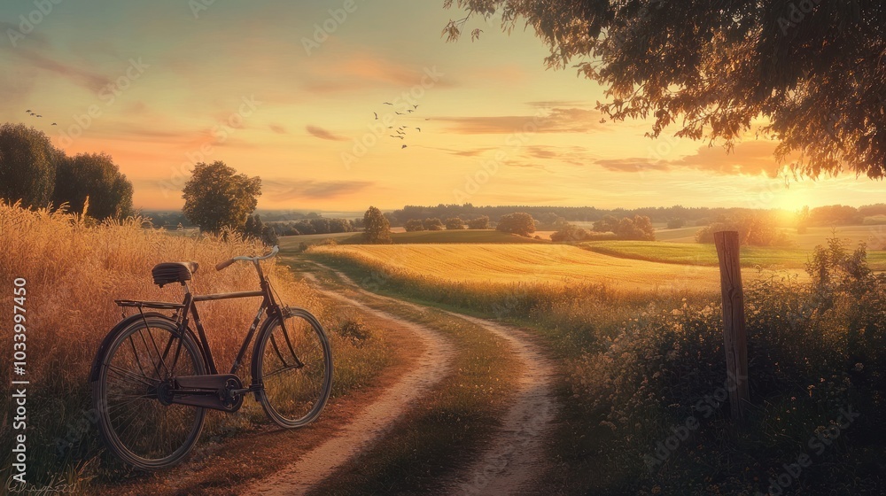Poster sunset view of a rural crossroad, with dirt paths diverging into fields and a few scattered trees.