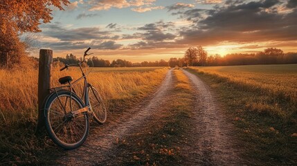 Obraz premium sunset view of a rural crossroad, with dirt paths diverging into fields and a few scattered trees.
