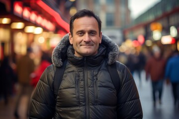 Obraz premium Portrait of a glad man in his 40s dressed in a thermal insulation vest while standing against vibrant market street background