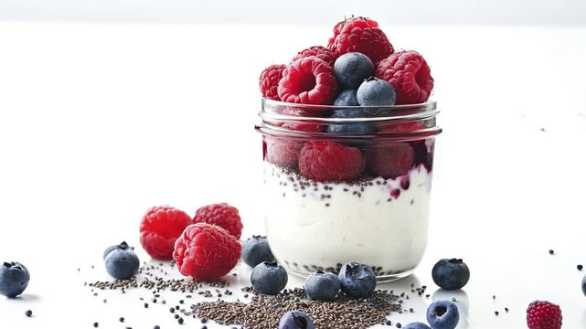  Layered yogurt parfait with fresh raspberries, blueberries, and chia seeds. White backgrund