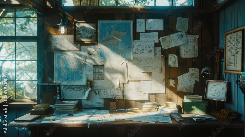 Poster cozy workspace filled with sketches, maps, and notes, illuminated by soft sunlight streaming through