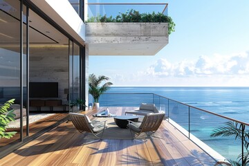 Fototapeta premium A cozy outdoor setting with two chairs and a table overlooking the ocean, great for relaxation or romantic dinner