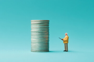 Miniature figure analyzing a tall stack of coins on a vibrant background.