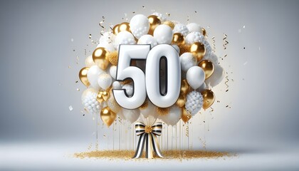 50th Balloon number 50 for birthday anniversary party gold foil balloon greeting with cute cake background.