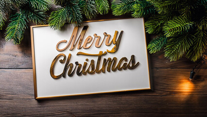 A frame with the golden inscription "Merry Christmas" lies on the table, decorated with fir branches.