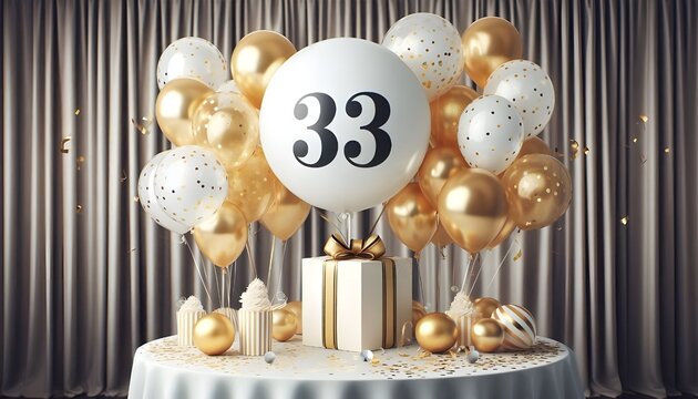 33th Balloon number 33 for birthday anniversary party gold foil balloon greeting with cute cake background.