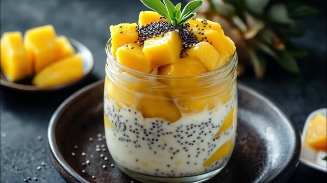 Mango chia yogurt parfait in a jar with chia seeds and fresh mango cubes.