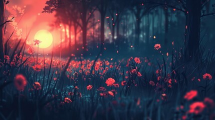 Fototapeta premium serene landscape featuring vibrant flowers illuminated by glowing sunset, creating magical atmosphere. scene captures beauty of nature with dreamy, enchanting quality