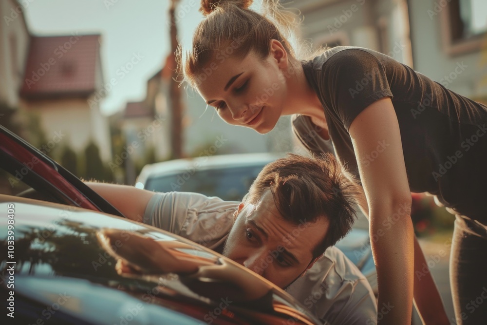 Canvas Prints A couple standing next to a vehicle, inspecting its features