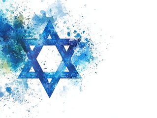 Abstract watercolor Star of David with blue splashes on white background, symbolizing Jewish heritage and culture.