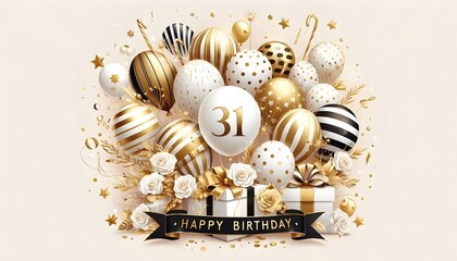 31 Balloon number 31th for birthday anniversary party gold foil balloon greeting with cute cake background.