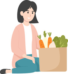 Woman Carrying Fresh Vegetables from Traditional Market Shopping Trip