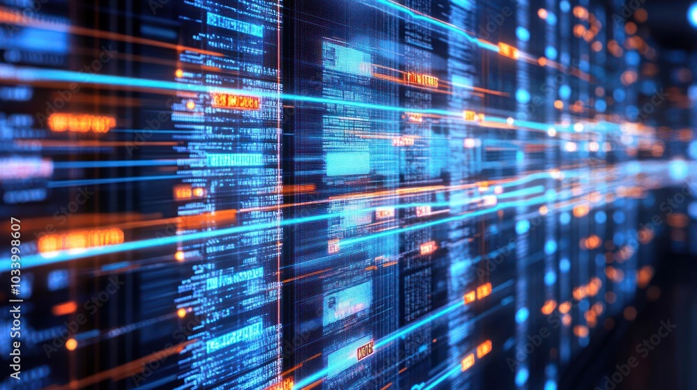 Poster abstract digital data flow with blue and orange glows