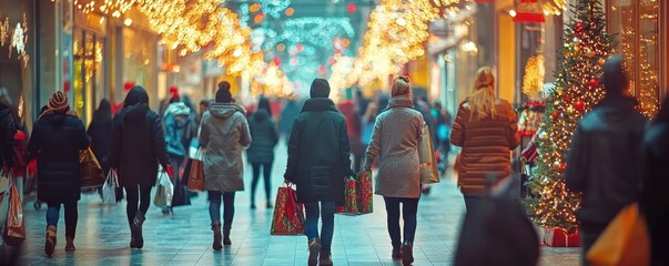 Shoppers walking through a festive mall decorated with glowing lights during the holiday season, carrying bags filled with purchases.