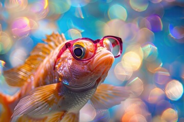 Funny fish wearing sunglasses in studio with a colorful and bright background. Generative AI