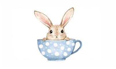 Obraz premium Cute Bunny Peeking Out of Blue Polka Dot Cup