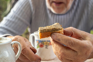 An elderly man is eating a sandwich. Sandwich close-up.