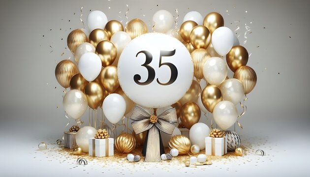 35th Balloon number 35 for birthday anniversary party gold foil balloon greeting with cute cake background.