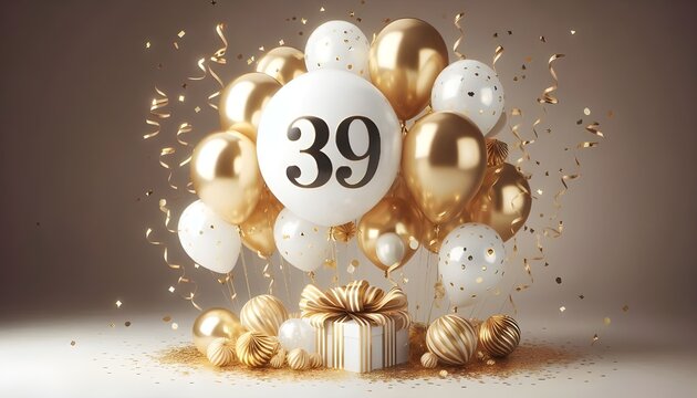 39th Balloon number 39 for birthday anniversary party gold foil balloon greeting with cute cake background.