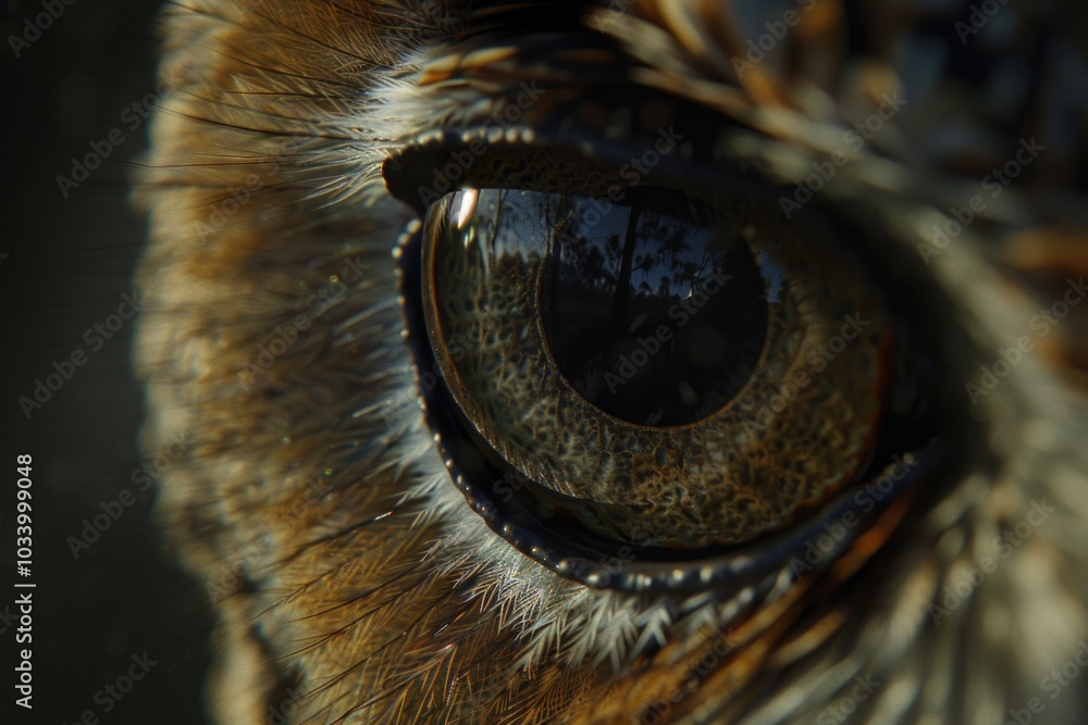 Poster a detailed view of an owl's eye with expressive features, suitable for use in nature or wildlife con
