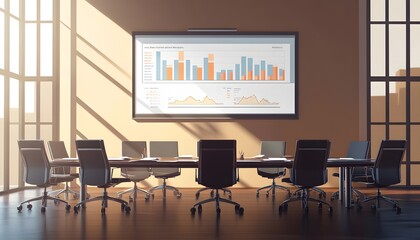 Empty Conference Room with Data Presentation and Sunbeams