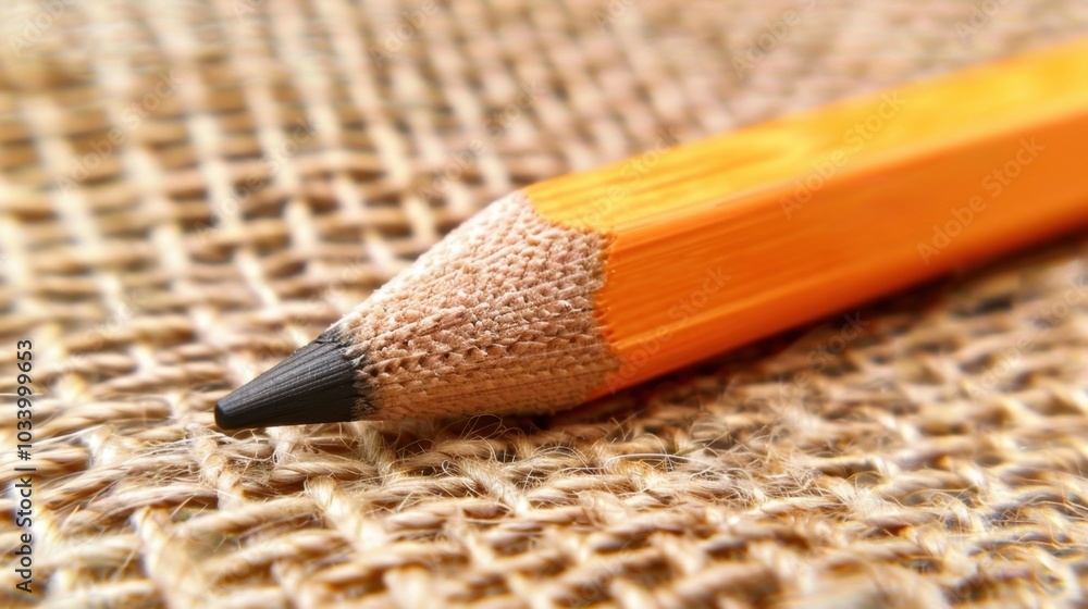 Poster close up view of orange pencil resting on textured burlap surface, showcasing its sharpened tip and 
