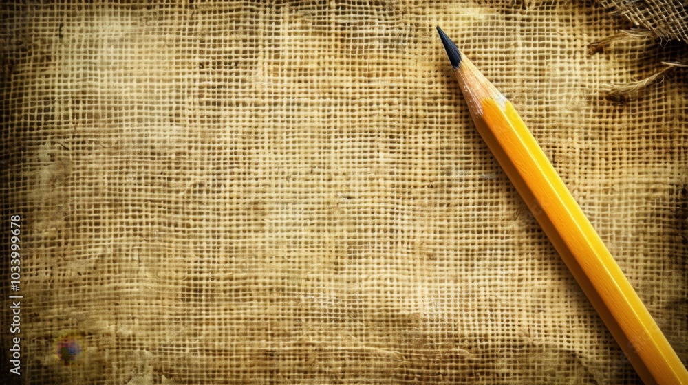Poster close up of yellow pencil resting on textured burlap background, creating rustic and artistic feel. 