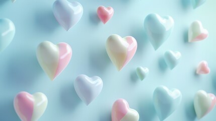Obraz premium Colorful hearts in pastel shades float against soft blue background, creating whimsical and cheerful atmosphere. This delightful scene evokes feelings of love and joy