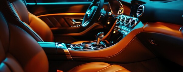 Luxurious car interior with leather seats and modern dashboard design, illuminated by ambient lighting for an elegant driving experience.