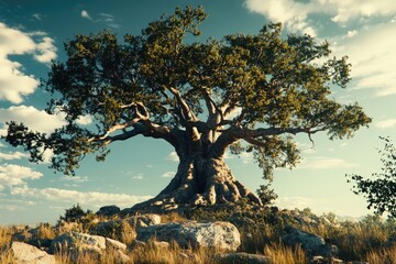 A large tree sits atop a lush green hillside, surrounded by nature