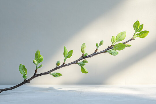 Slender, twisting tree branch with small green leaves, organic feel, minimalist design, perfect for mockups or template backgrounds.