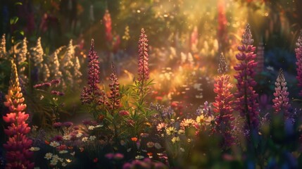 Fototapeta premium vibrant field of blooming flowers showcases stunning array of colors, with sunlight filtering through petals, creating magical atmosphere. scene evokes sense of tranquility and beauty