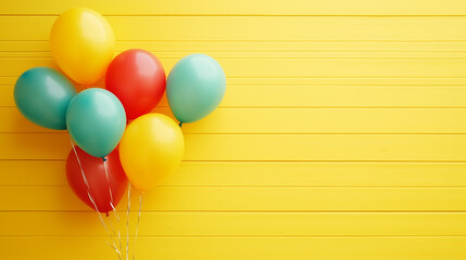 Colourful balloons for party or celebration in wide landscape with space for copy, bright yellow background, confetti, ideal for announcement or invitation,
