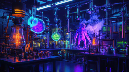 Laboratory where iconic monsters like Frankenstein, Dracula, and the Creature from the Black Lagoon have been combined into one wild creature, glowing in strange colors