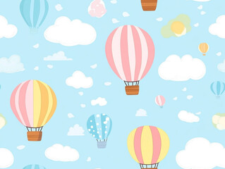 Cute hot air balloon seamless pattern, light color background with clouds and balloons.  