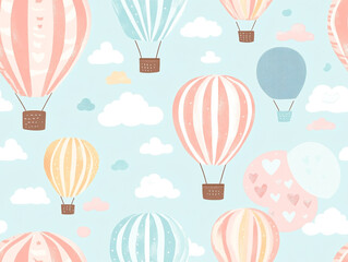 Cute hot air balloon seamless pattern, light color background with clouds and balloons.  