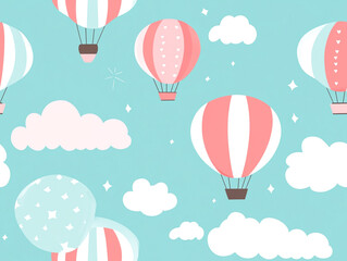 Fototapeta premium Cute hot air balloon seamless pattern, light color background with clouds and balloons. 