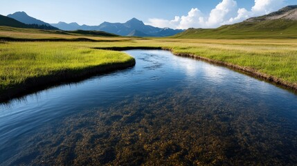 Fototapeta premium A scenic view of a blue river winding through a vast green meadow, overlooked by towering mountains, blending a sense of peace and the beauty of open nature.